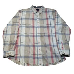 Tommy Bahama Cotton Silk Shirt Mens XL Tan‎ Plaid Pattern Casual Button Down